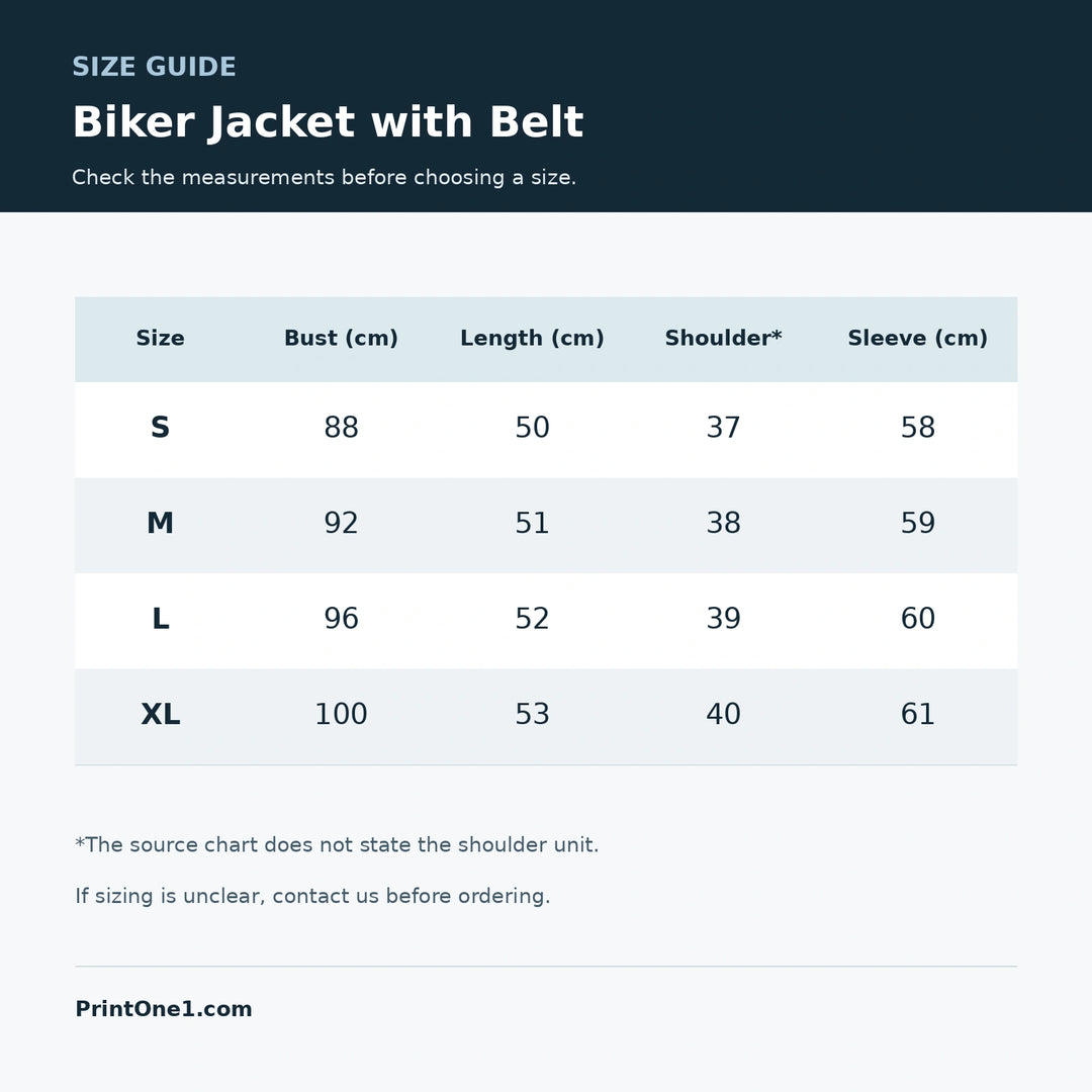 English size guide for a belted jacket, showing S, M, L and XL bust, length, shoulder and sleeve values, with a shoulder note