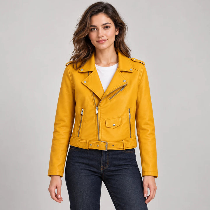 Model wearing the Yellow belted jacket over a white top and dark jeans, with the lapels, shoulder tabs and matching hem belt.