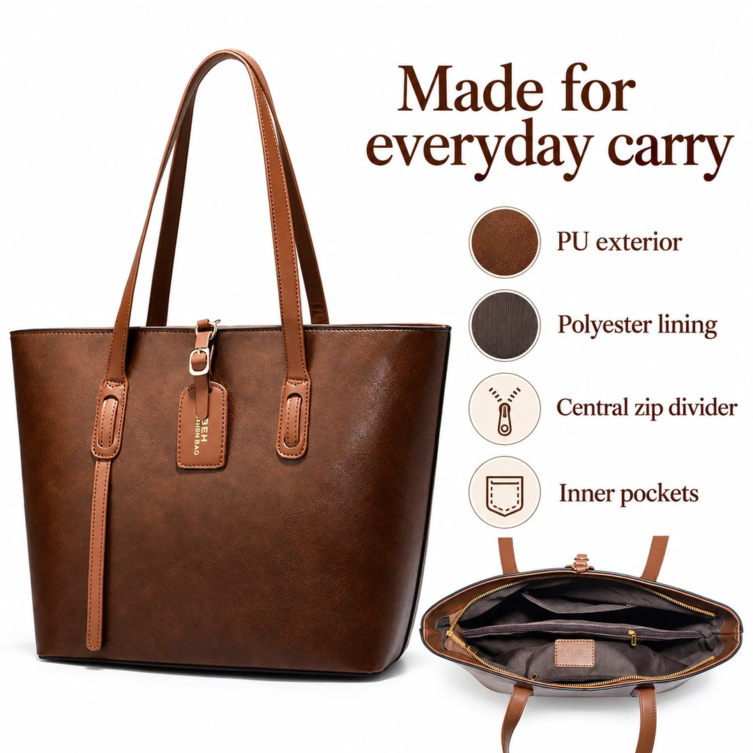 PU shoulder bag features: PU exterior, polyester lining, central zip divider and inner pockets