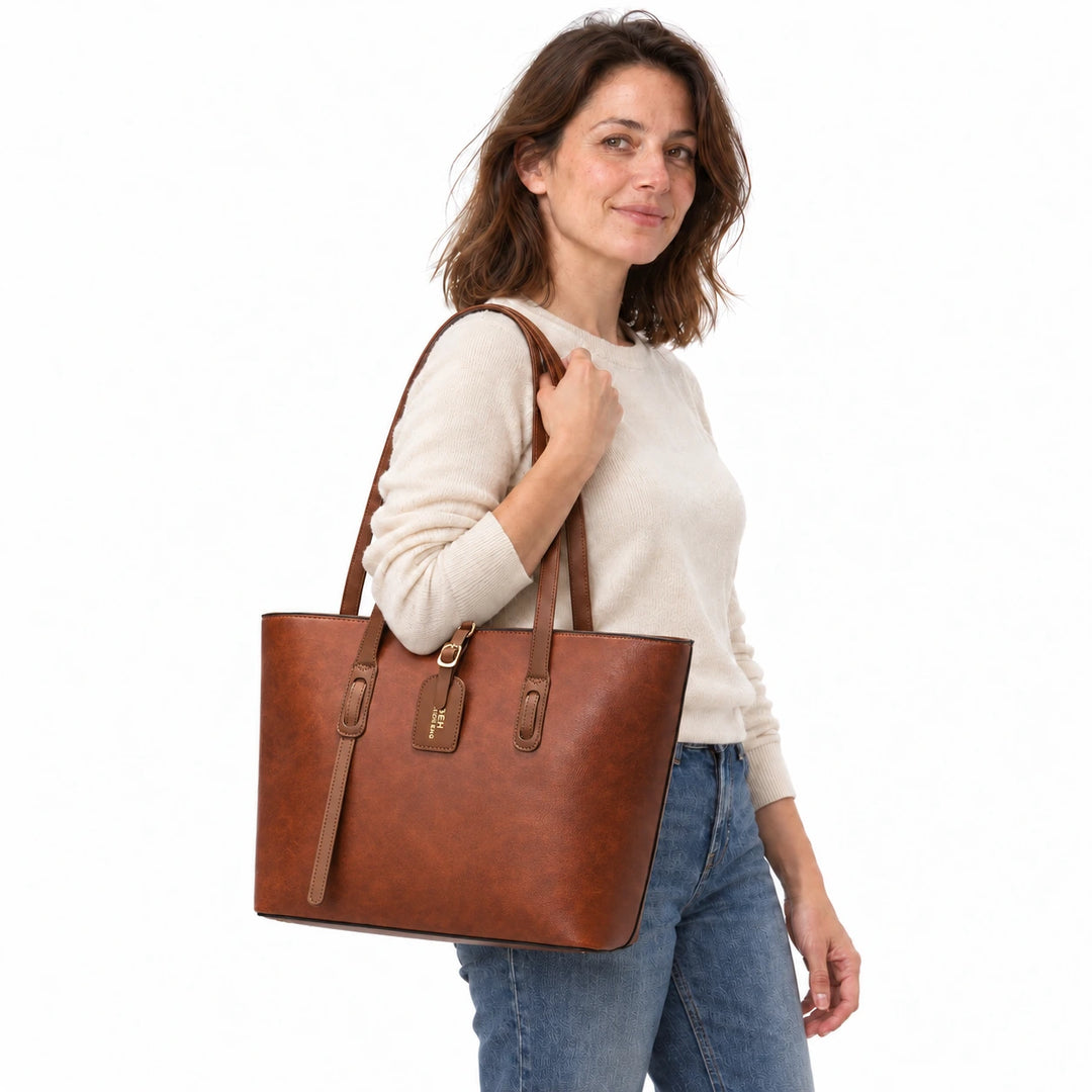 Model carrying the Yellow Brown PU bucket shoulder bag with brown handles