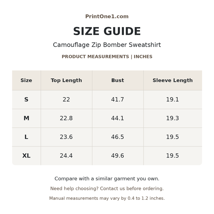 Size chart for a camouflage zip bomber in inches, listing S to XL with top length, bust and sleeve length for size selection.
