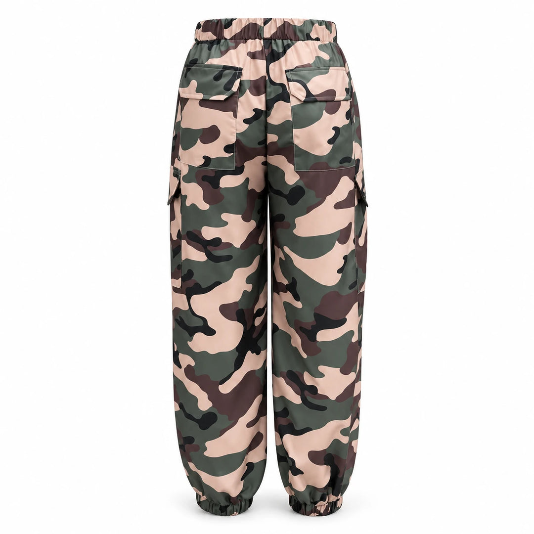 Army Green Camouflage cargo pants in rear view on white, showing back flap pockets, an elastic waist and gathered ankle cuffs