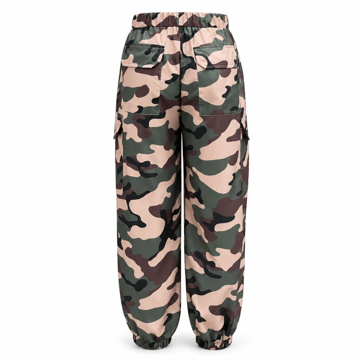 Army Green Camouflage cargo pants in rear view on white, showing back flap pockets, an elastic waist and gathered ankle cuffs