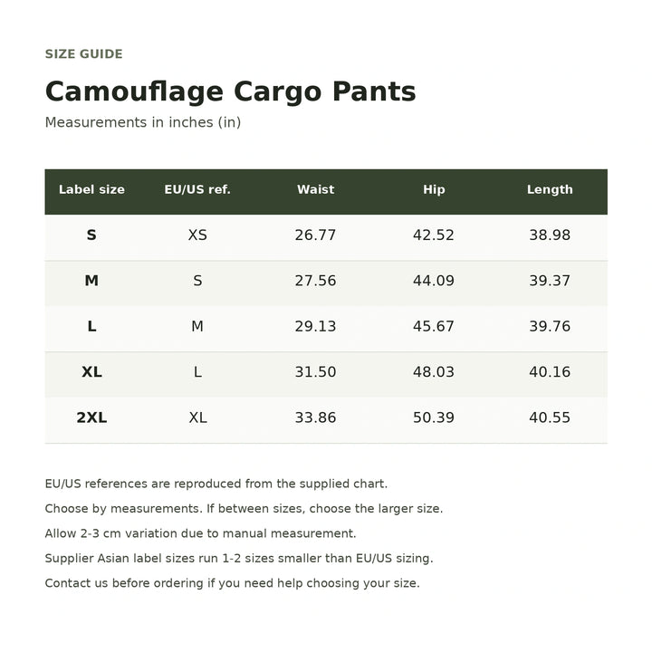 Cargo pants size chart in inches showing five label sizes, supplier EU/US references, waist, hip and full-length measurements