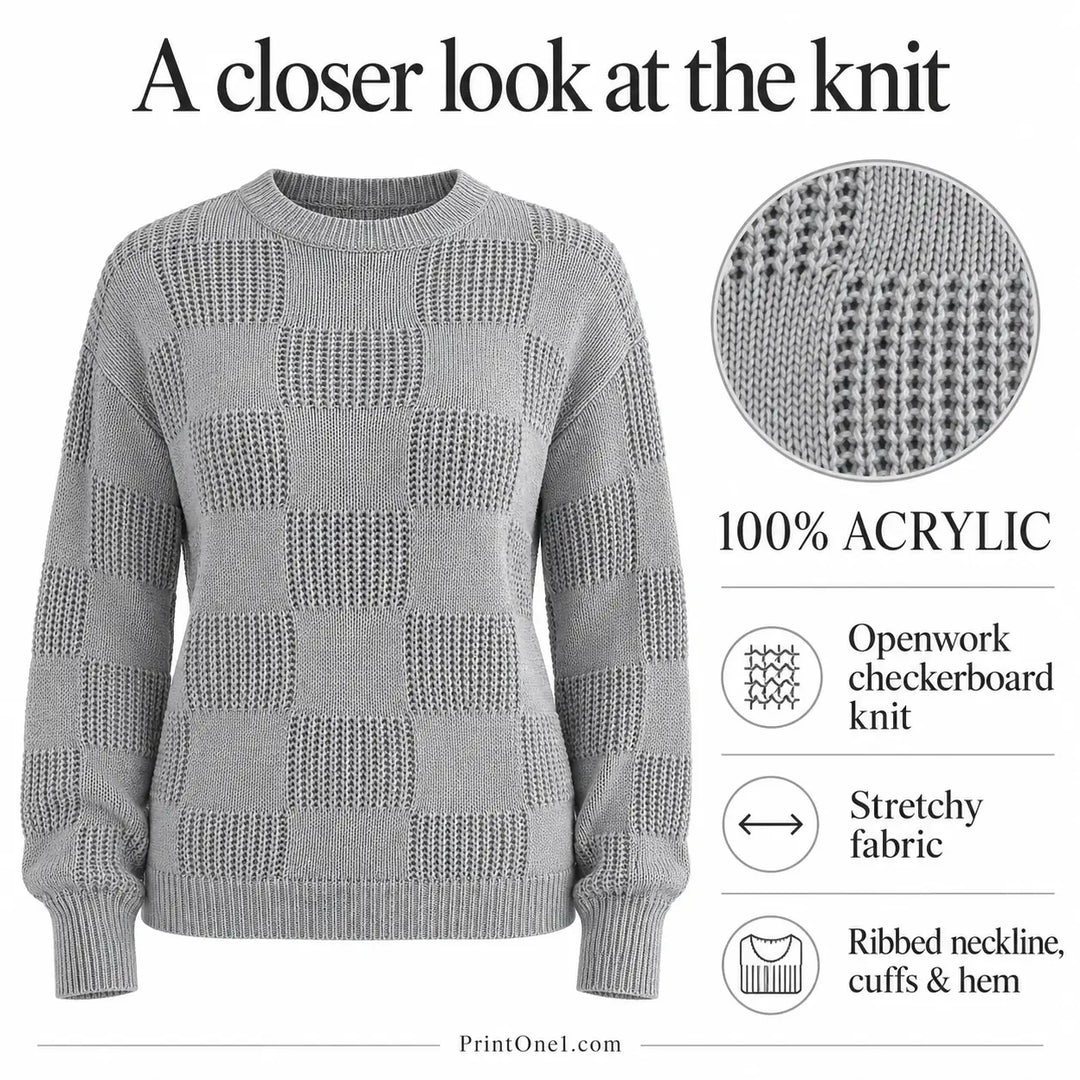 Checkerboard knit sweater features: 100% acrylic, stretchy fabric, openwork knit and ribbed trim