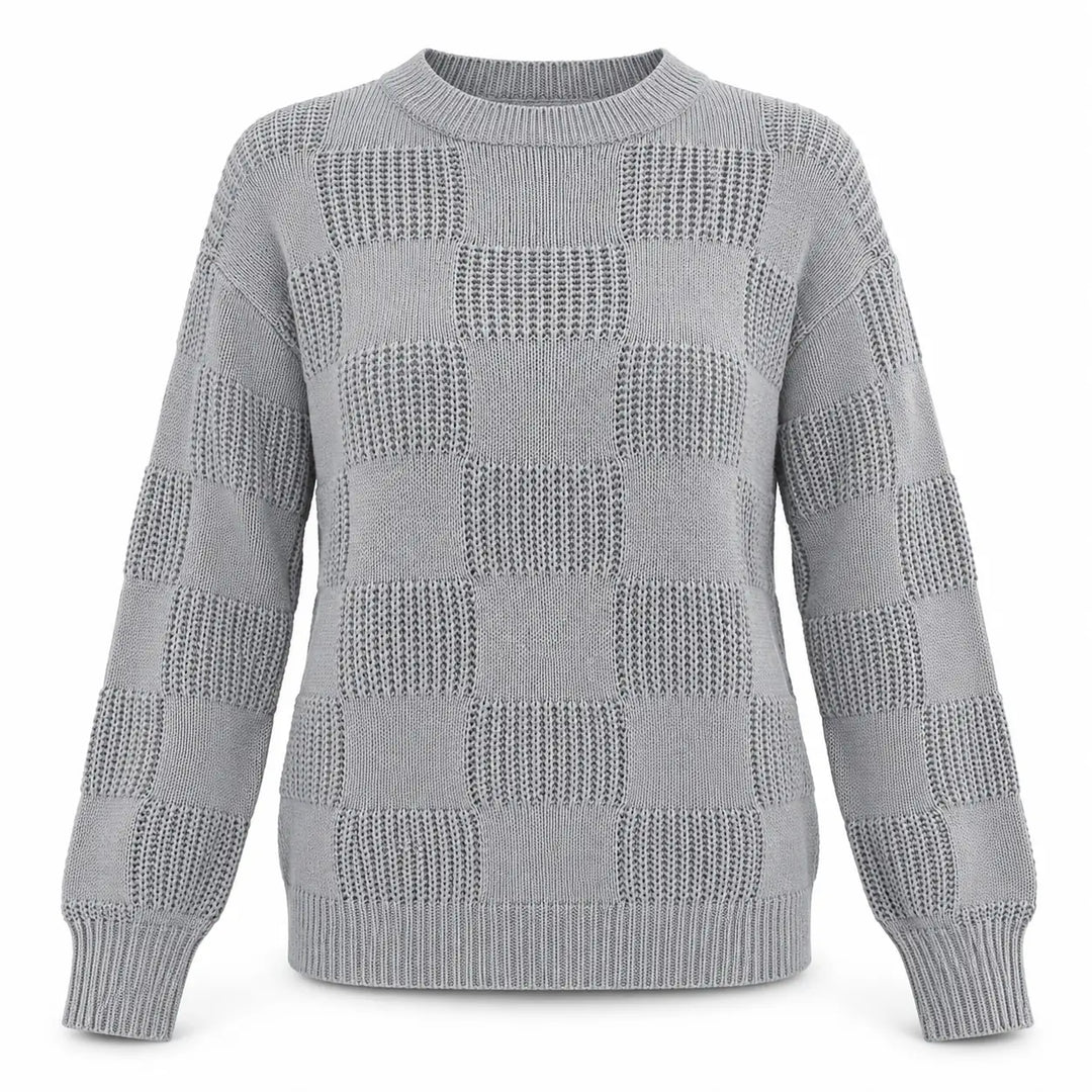 Front view of the gray checkerboard knit sweater with a ribbed crew neck and long sleeves