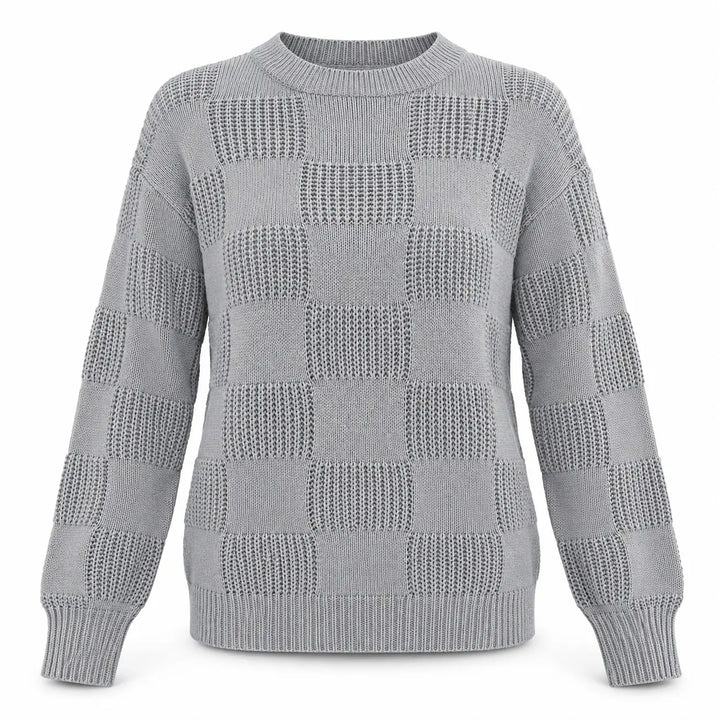 Front view of the gray checkerboard knit sweater with a ribbed crew neck and long sleeves