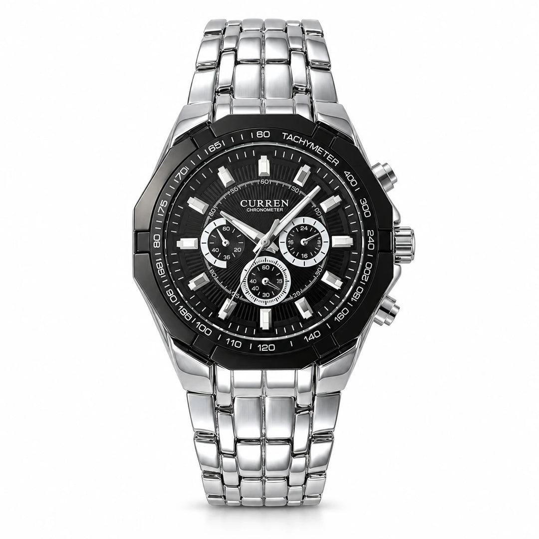 Front view of the CURREN 8084 black-dial quartz watch with a silver stainless steel bracelet.