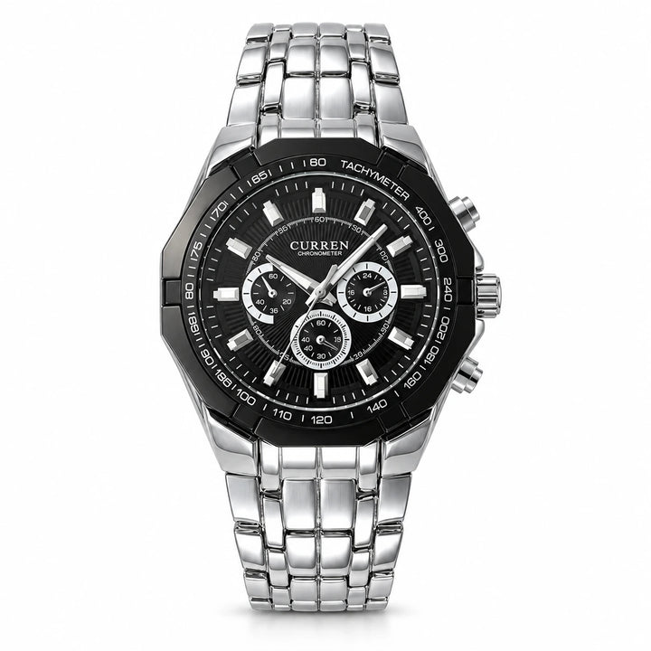 Front view of the CURREN 8084 black-dial quartz watch with a silver stainless steel bracelet.