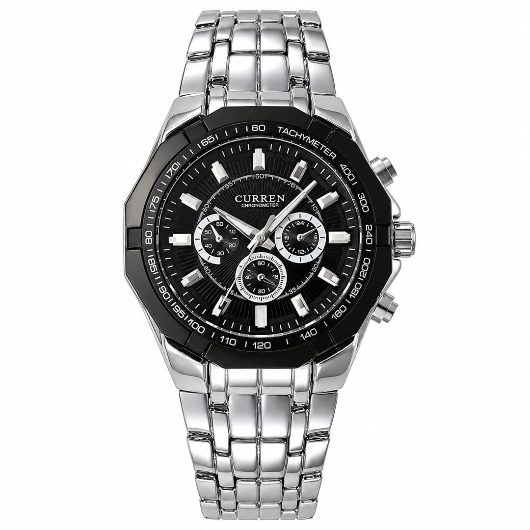 CURREN 8084 Black Case Black Dial variant with a black bezel and silver stainless steel bracelet.