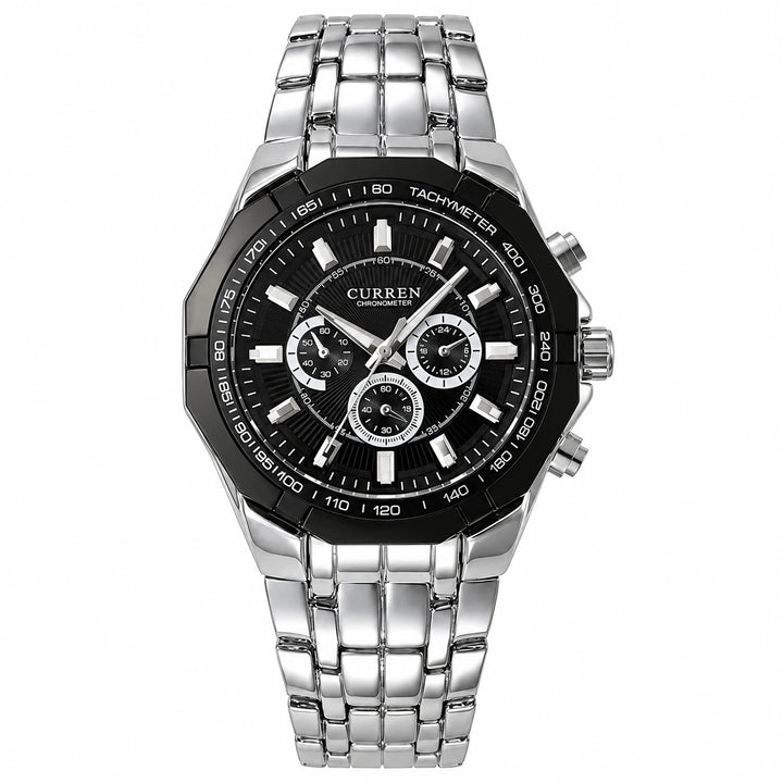CURREN 8084 Black Case Black Dial variant with a black bezel and silver stainless steel bracelet.