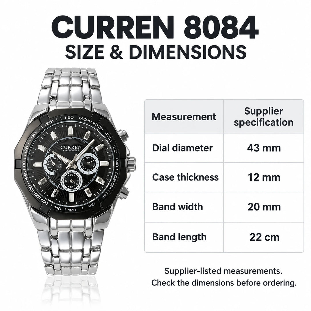 CURREN 8084 dimensions: 43 mm dial, 12 mm case thickness, 20 mm band width and 22 cm band length.
