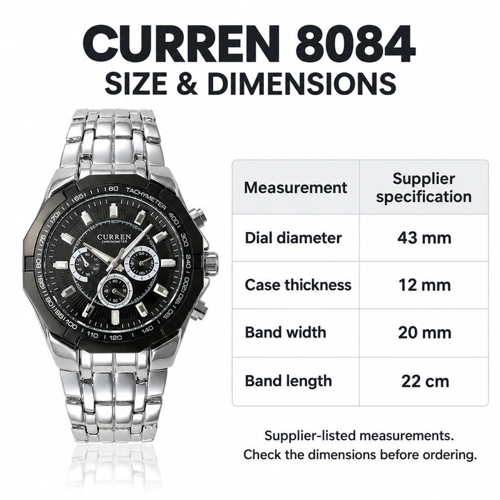 CURREN 8084 dimensions: 43 mm dial, 12 mm case thickness, 20 mm band width and 22 cm band length.