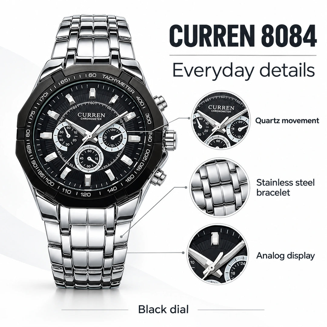 CURREN 8084 watch feature guide showing quartz movement, stainless steel bracelet and analog display.