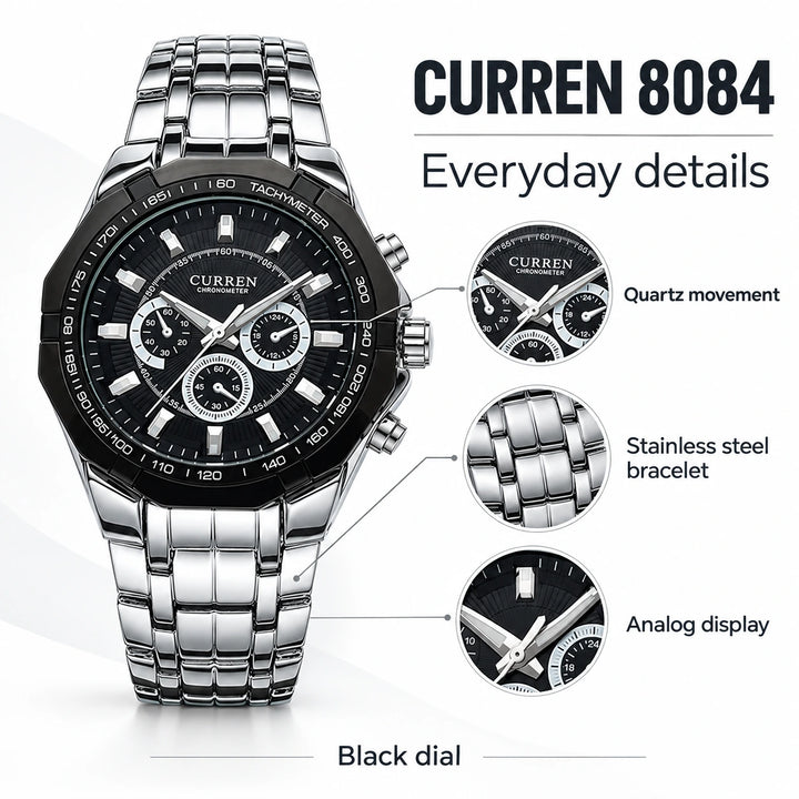 CURREN 8084 watch feature guide showing quartz movement, stainless steel bracelet and analog display.