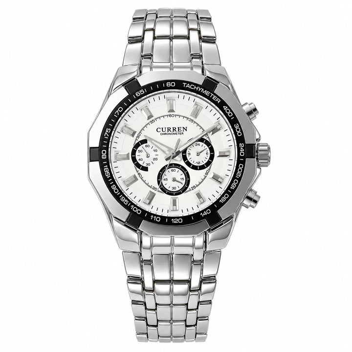 CURREN 8084 Silver Case White Dial variant with a black bezel and silver stainless steel bracelet.