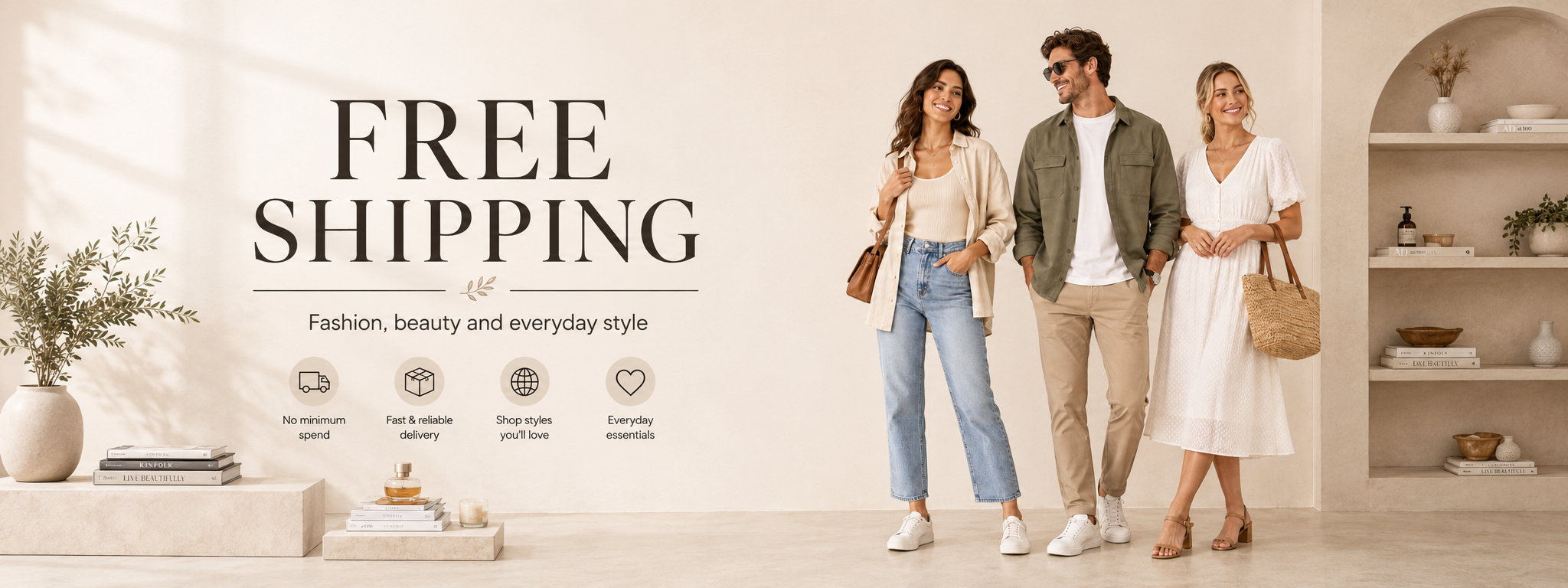 PrintOne1 free shipping fashion hero banner with women's and men's clothing, beauty and everyday style