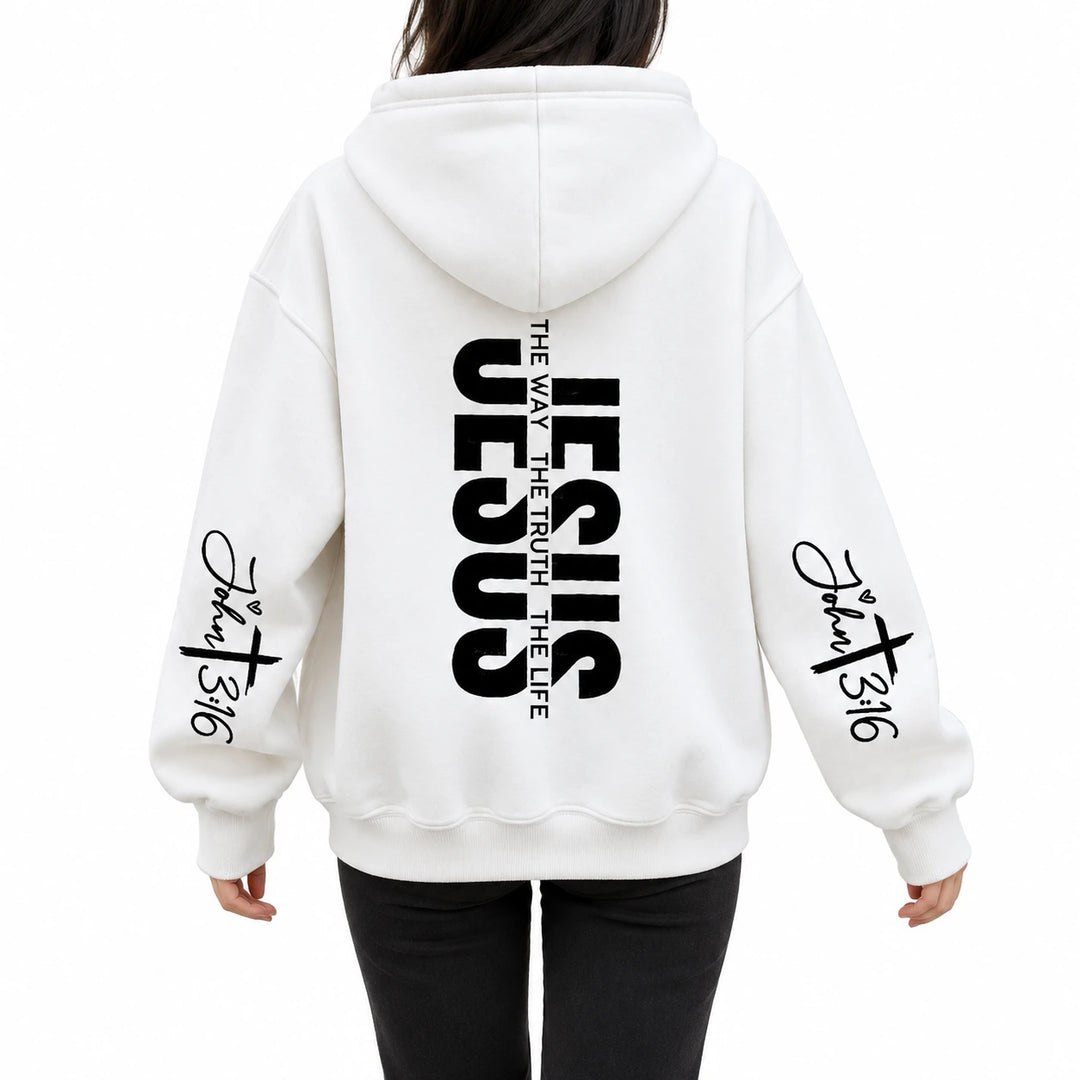 Jesus hoodie design 2, white with black graphics, shown from behind on a white studio background.