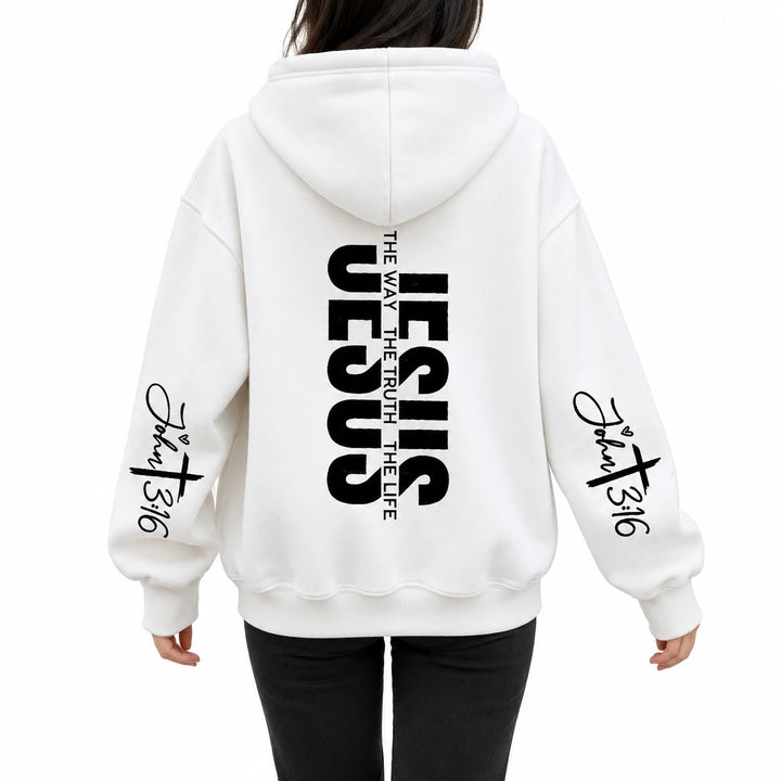 Jesus hoodie design 2, white with black graphics, shown from behind on a white studio background.