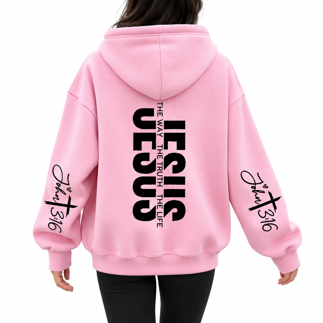 Jesus hoodie design 3, pink with black graphics, shown from behind on a white studio background.