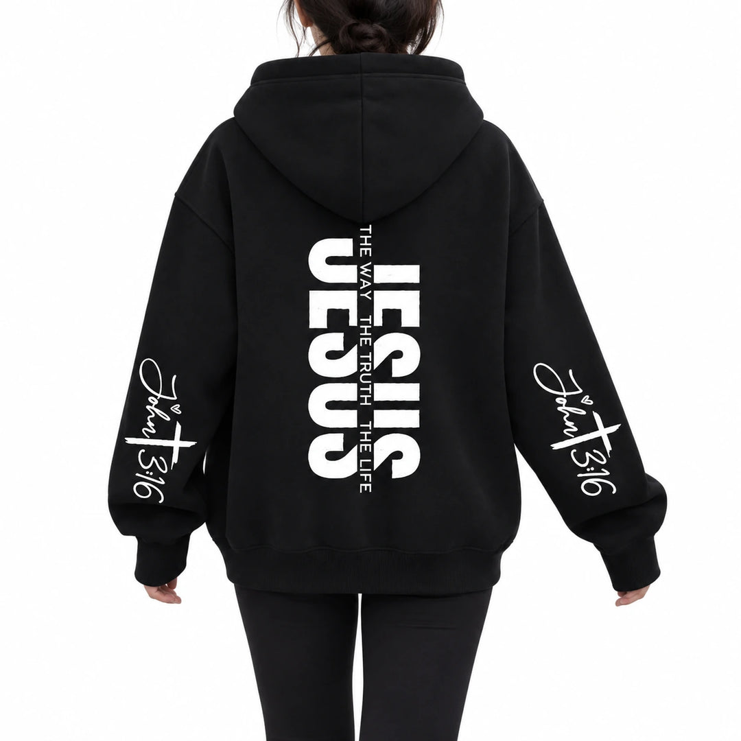 Jesus hoodie design 4, black with white graphics, shown from behind on a white studio background.