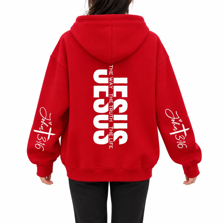 Jesus hoodie design 5, red with white graphics, shown from behind on a white studio background.