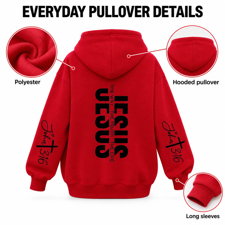 Hoodie feature guide showing the hooded pullover shape, polyester material and long sleeves.