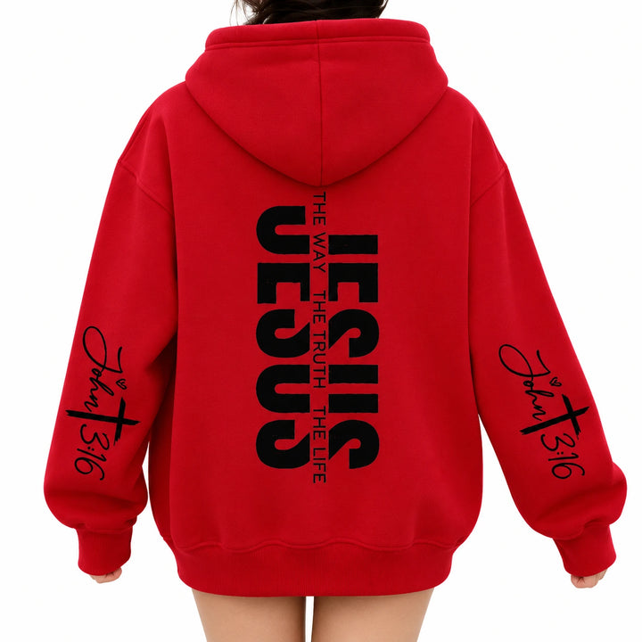 Detail of the red hoodie&