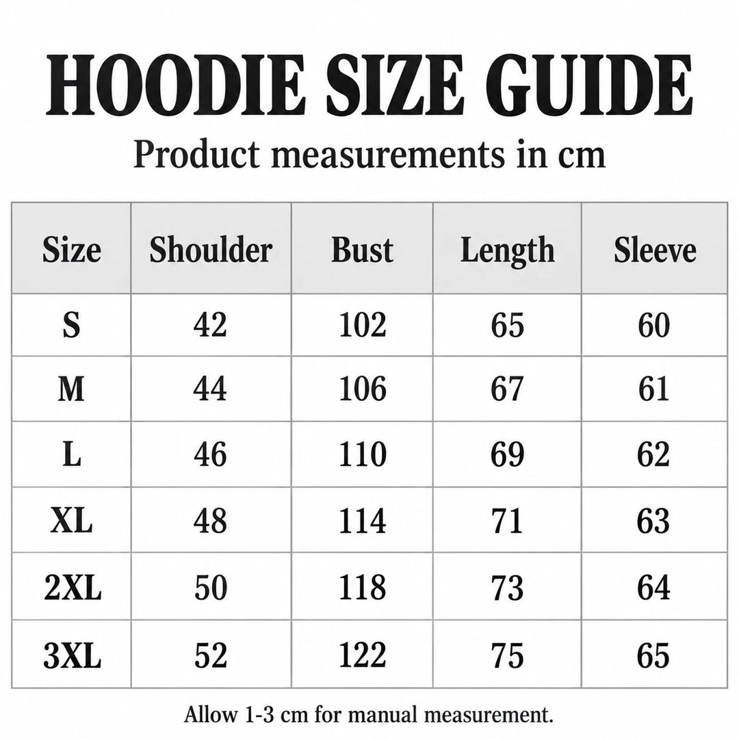 Hoodie size chart in cm for S to 3XL, showing shoulder, bust, length and sleeve measurements.
