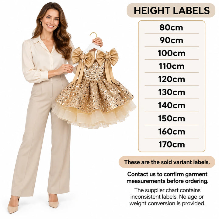 Height label selection guide beside an adult model holding a champagne dress, with 80cm-170cm options and sizing information.
