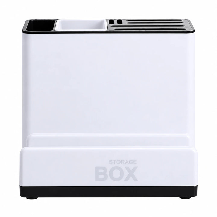 Front studio view of the white plastic organizer showing its black upper rim, divided storage opening and raised front shelf.