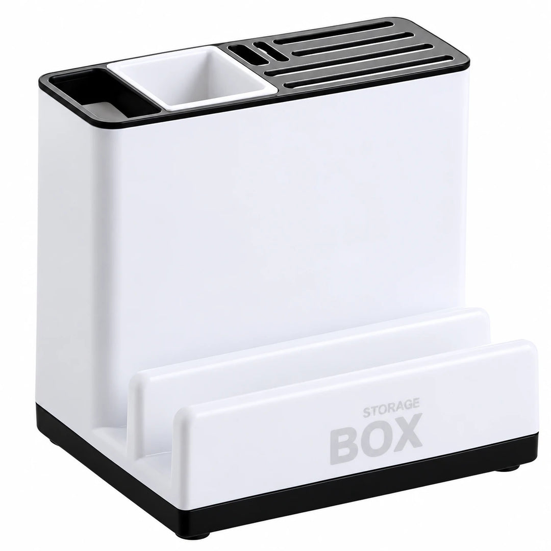 Elevated front angle of the white plastic organizer displaying the divided opening, knife slots, front shelf, and black base.