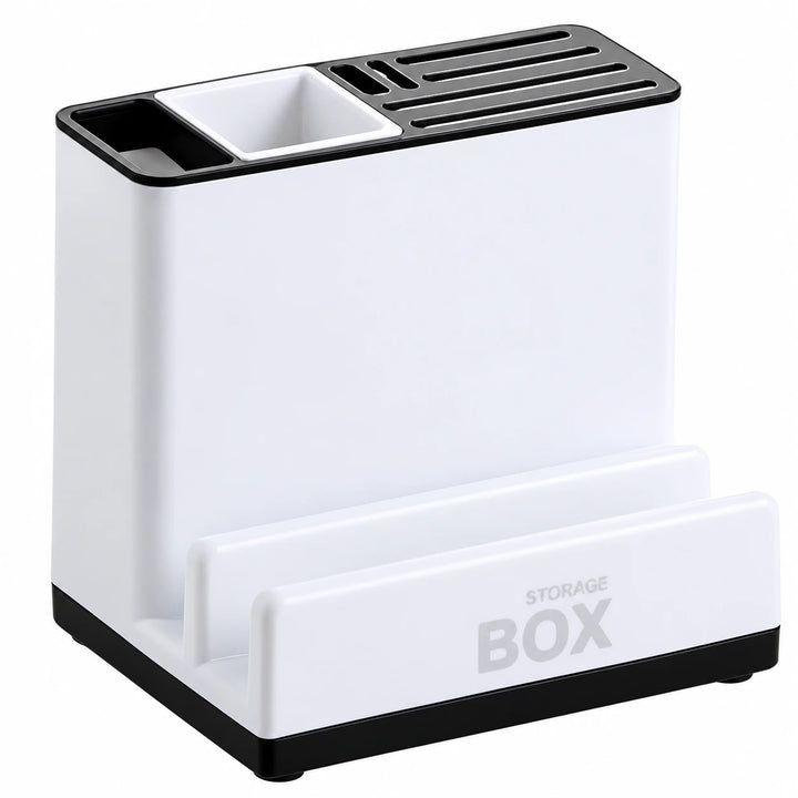 Elevated front angle of the white plastic organizer displaying the divided opening, knife slots, front shelf, and black base.