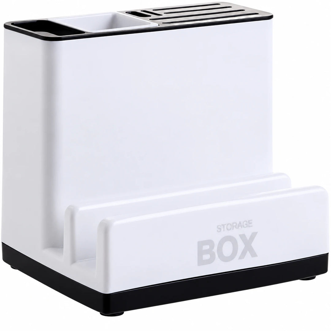 Front close-up of the white plastic organizer showing its raised shelf, faint Storage Box marking and contrasting black base.
