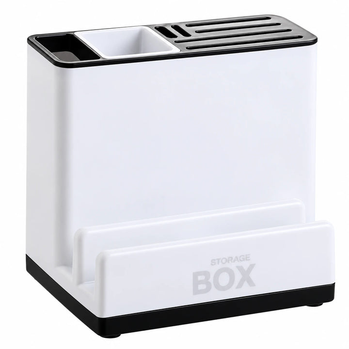 A front angle of the white plastic organizer displaying the divided upper opening, narrow knife slots and raised front shelf.