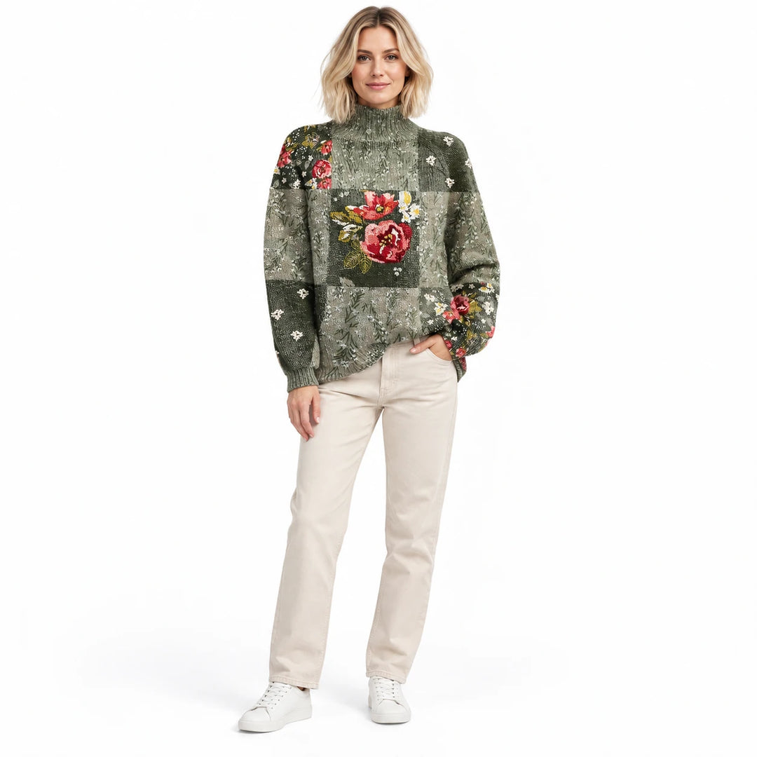 Adult woman wearing the printed high-neck pullover in the Olive design, in a full-body front view against a white background.