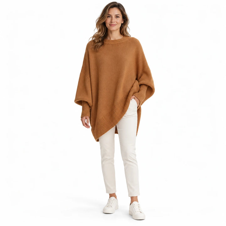 Adult woman wearing the Coffee Color round-neck draped pullover, in a full-body front view against a white studio background.