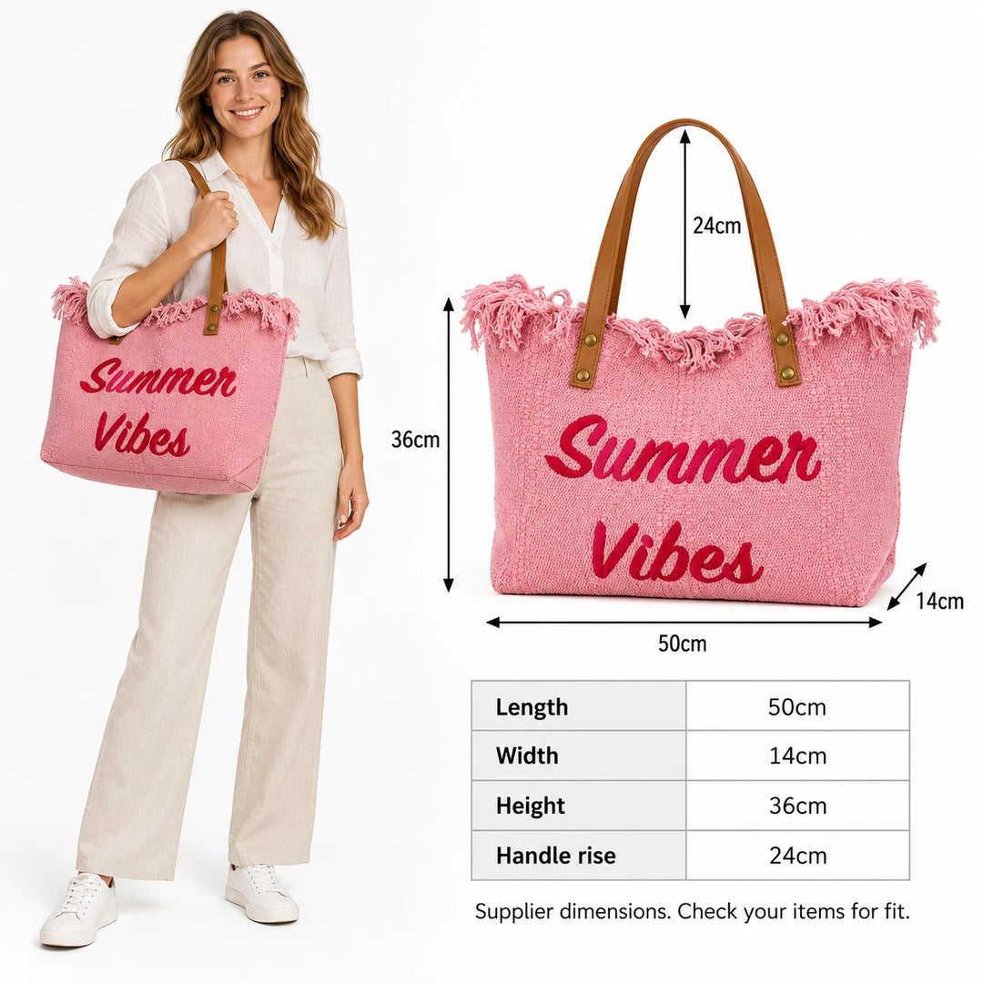 Pink Summer Vibes tote beside an adult model with a dimension diagram showing length, width, height and handle rise on white.