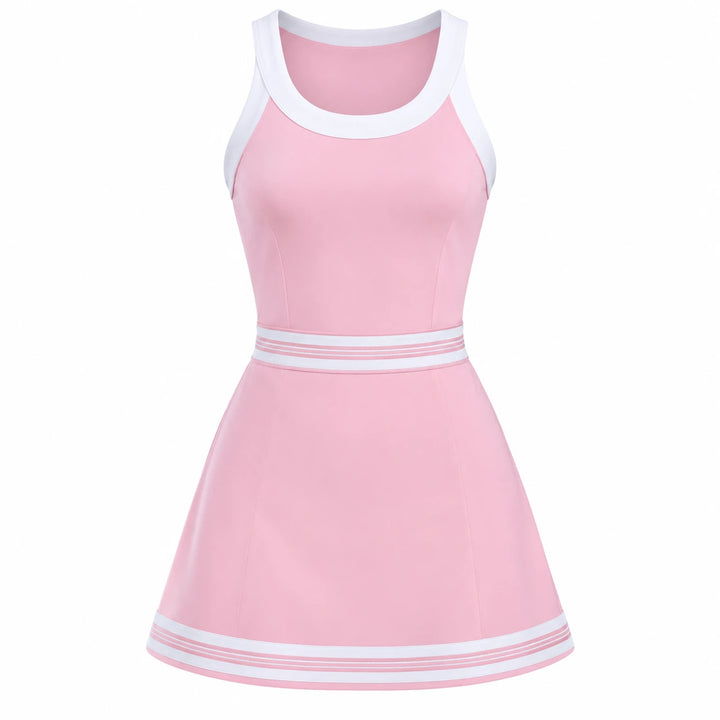 Pink sleeveless dress on an invisible mannequin, displaying white neckline trim, narrow waist stripes, and striped skirt hem.
