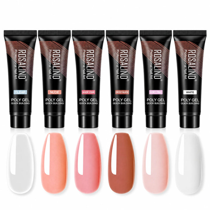 Front detail of six ROSALIND poly gel tubes and matching neutral colour samples from a Soft Nude Gloss selection in a studio.