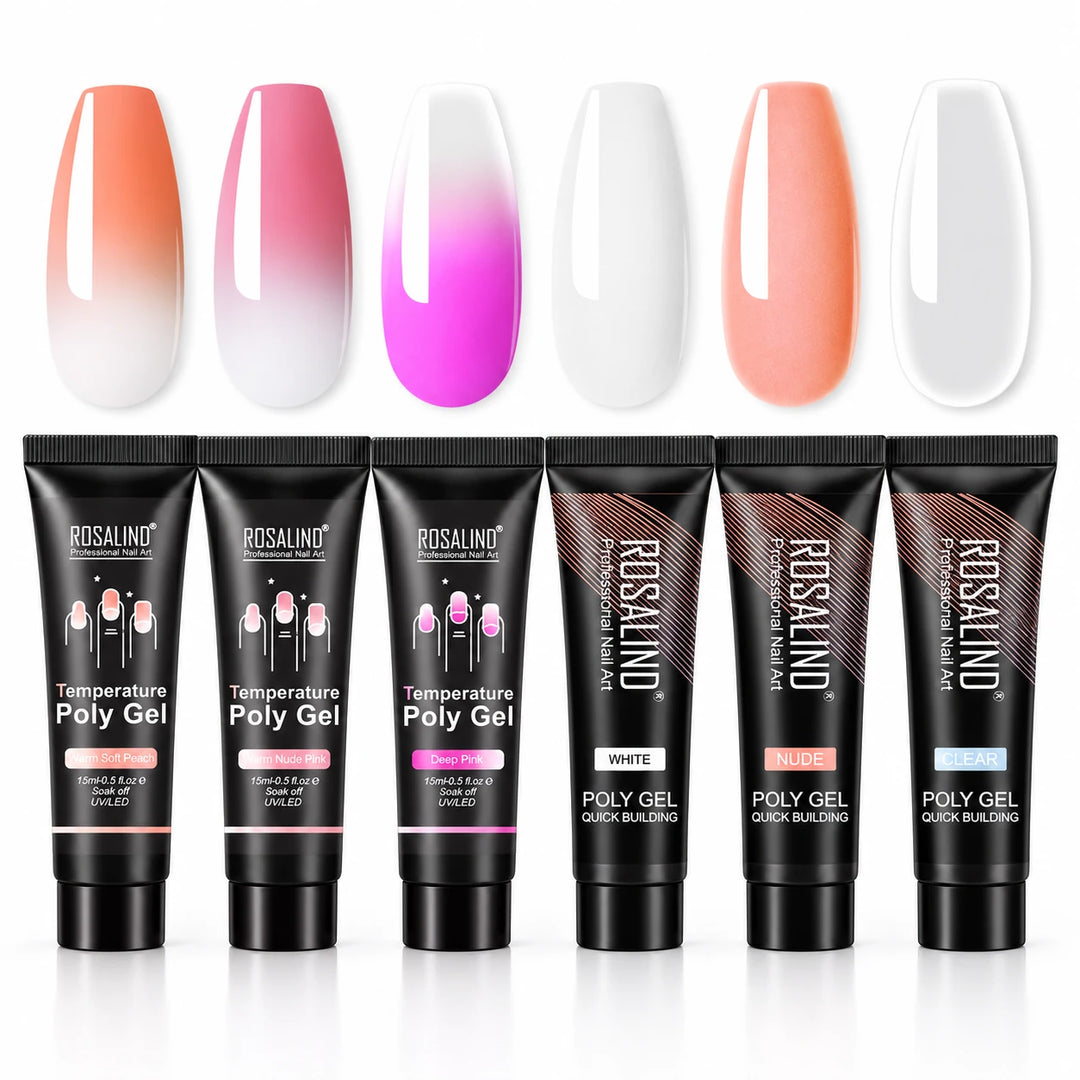 Front overview of six ROSALIND poly gel tubes with gradient and solid colour samples from the Rose Ombre Shine Set selection.