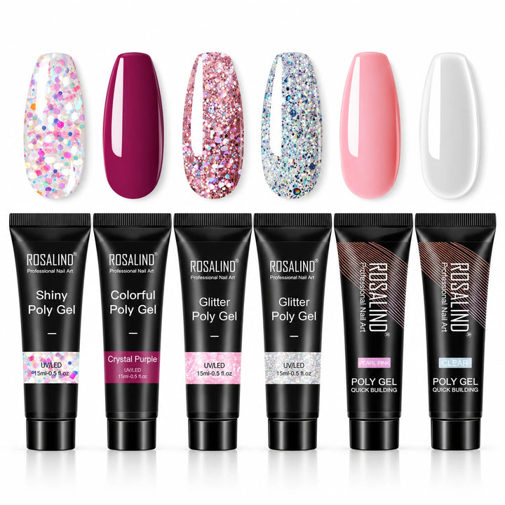 Six ROSALIND poly gel tubes with coordinated glitter and solid colour samples, displaying the Pink Glitter Glam Set selection