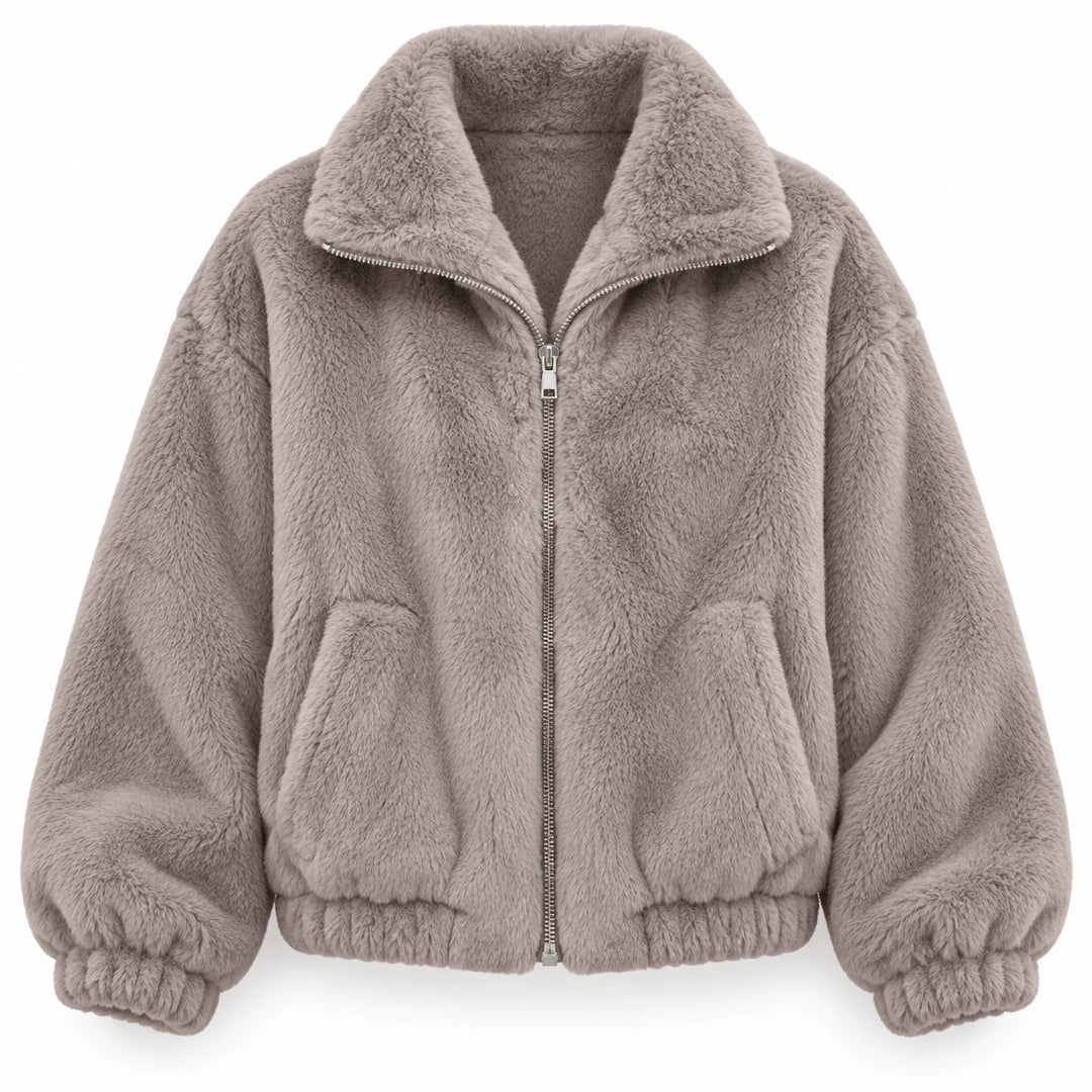 Gray plush zip up jacket on a white background, showing stand collar, front pockets, silver zipper and gathered sleeve cuffs.