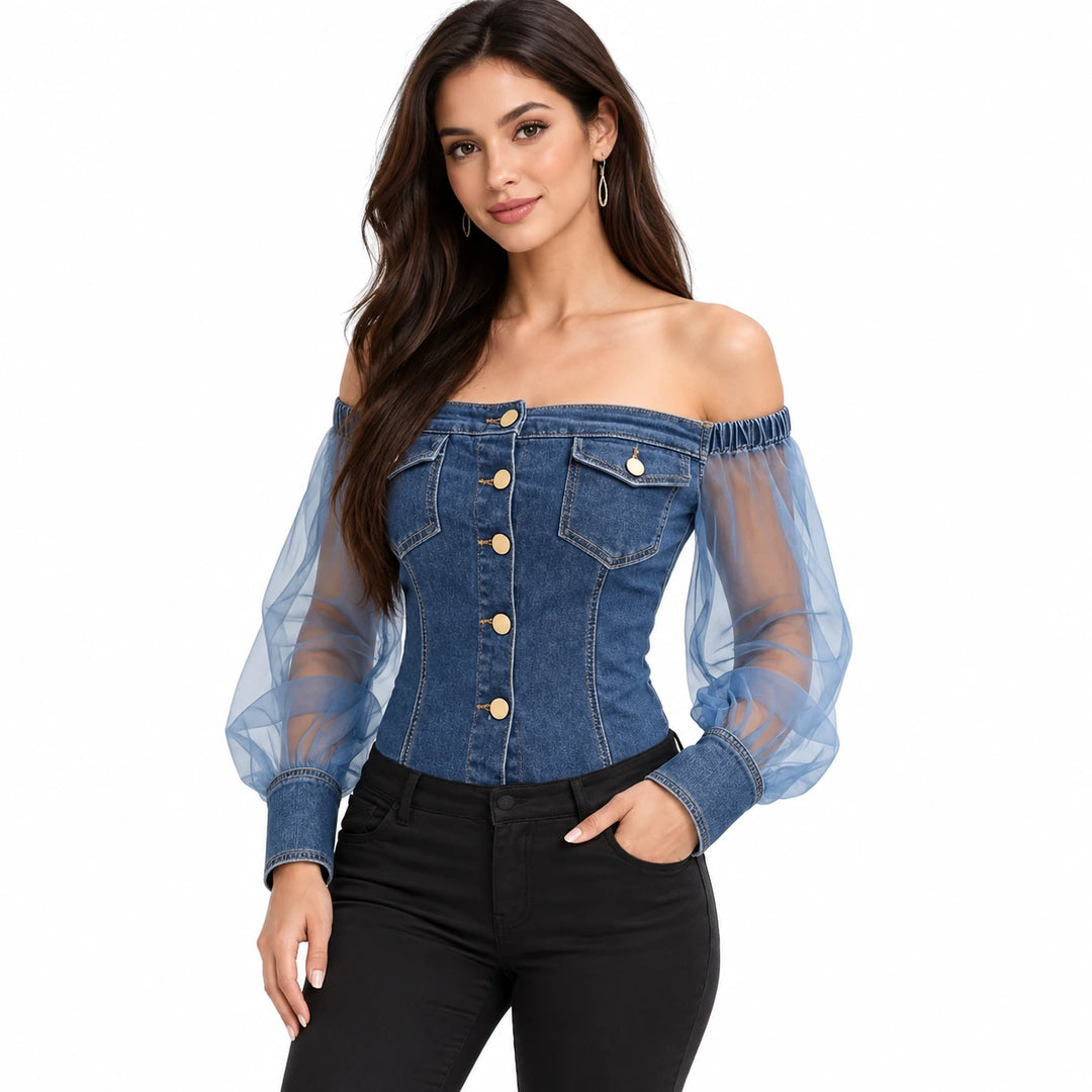 Three-quarter model view of the dark blue button-front top with sheer sleeves.