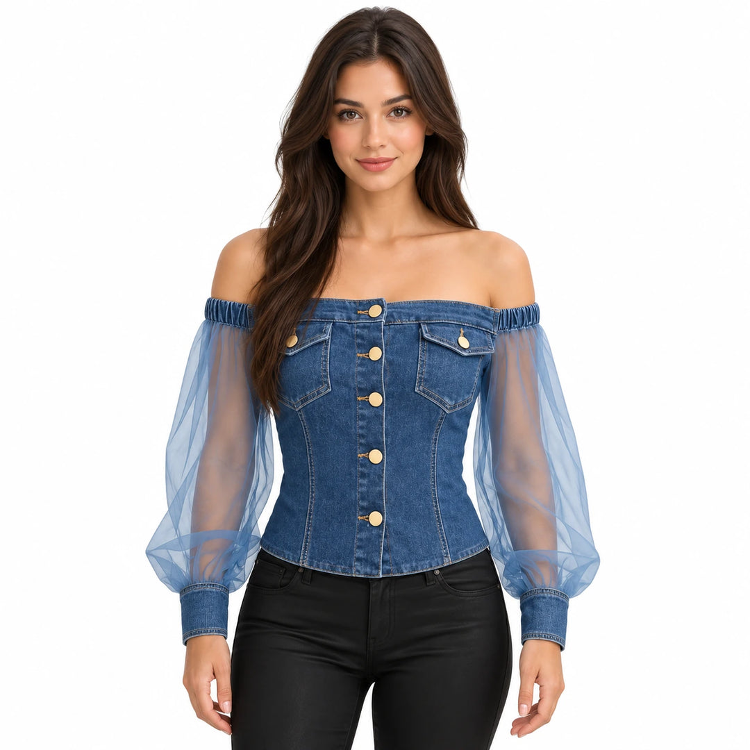 Front view of the dark blue off-shoulder top with sheer mesh sleeves and button details.