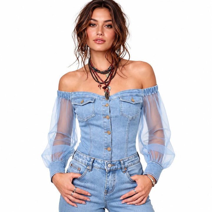 Light Blue off-shoulder button-front top with sheer mesh sleeves on a model.
