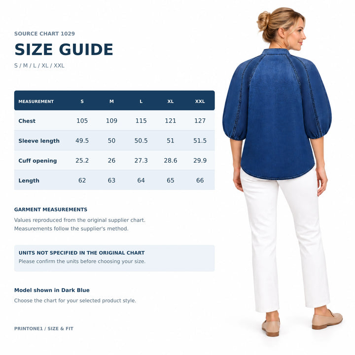 Size chart 1029 with S to XXL chest, sleeve, cuff and length values beside a Dark Blue model; source units are not specified.