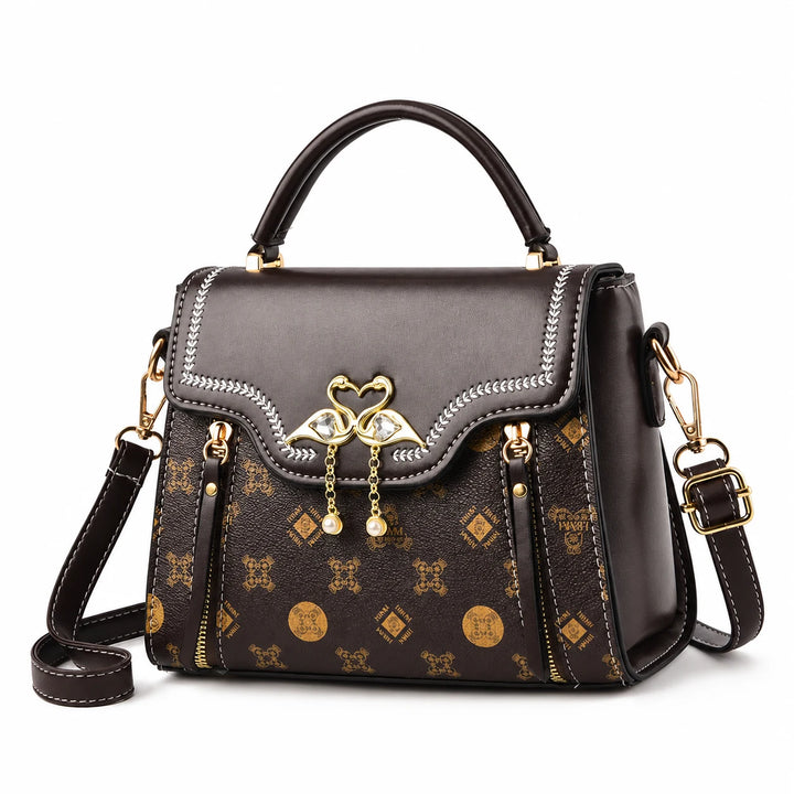 Three-quarter view of the brown flap bag showing the side panel, handle and shoulder strap.