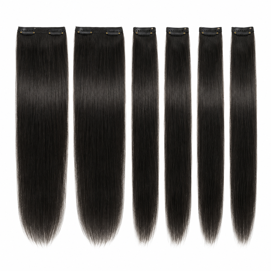 AI-generated styling illustration of a six-piece straight black clip-in hair extension set