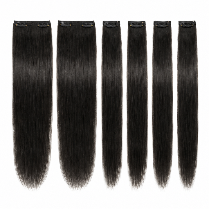 AI-generated styling illustration of a six-piece straight black clip-in hair extension set
